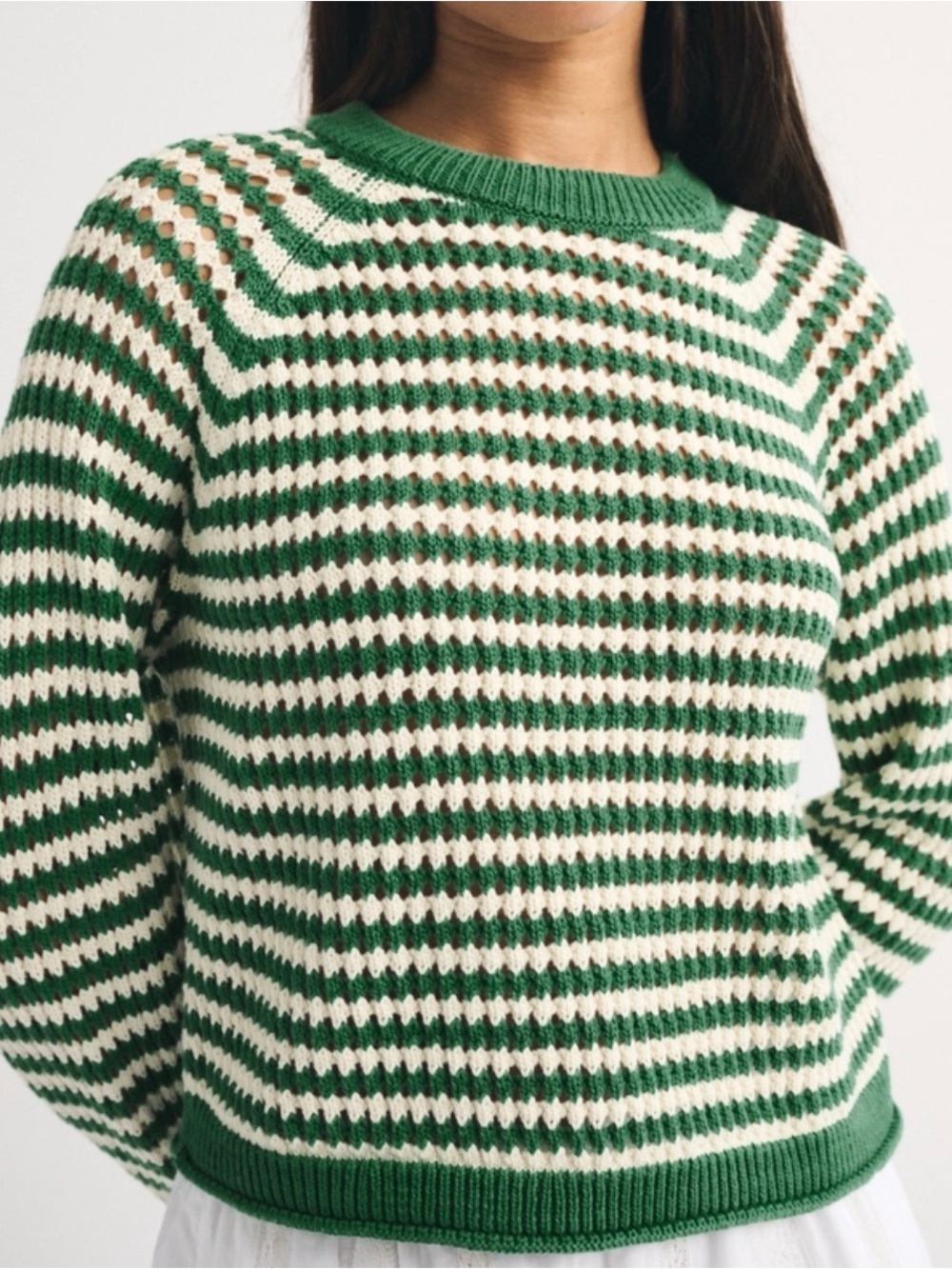 NWT Abercrombie Crochet Style Green and Cream Striped Crewneck Sweater Lrg